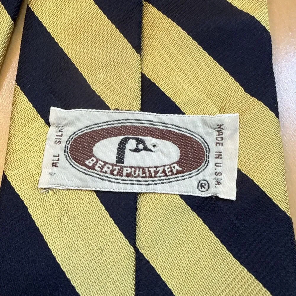 YELLOW STRIPED BERT PULITZER SILK TIE NAVY BLUE